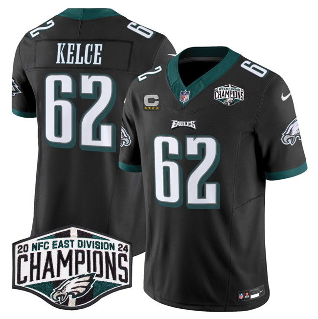 Men's Black Philadelphia Eagles #62 Jason Kelce 2024 NFC East Champions With 4-Star C Patch F.U.S.E. Vapor Untouchable Limited Stitched Football Jersey